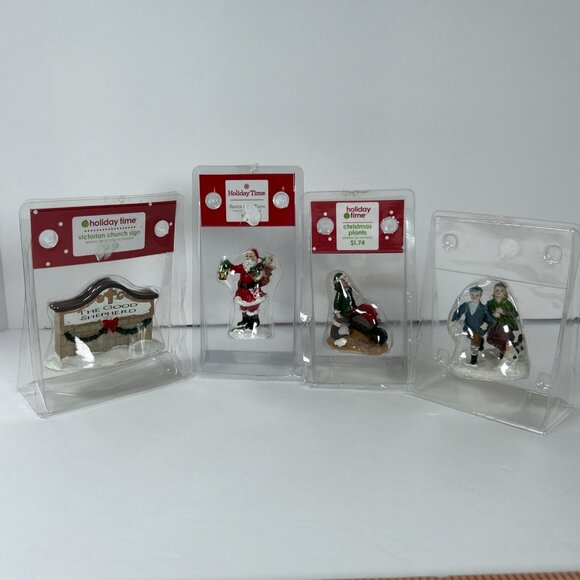 Lot Of 4 Christmas Village Figurines Vintage Church Sign People Santa Dog - Picture 12 of 12